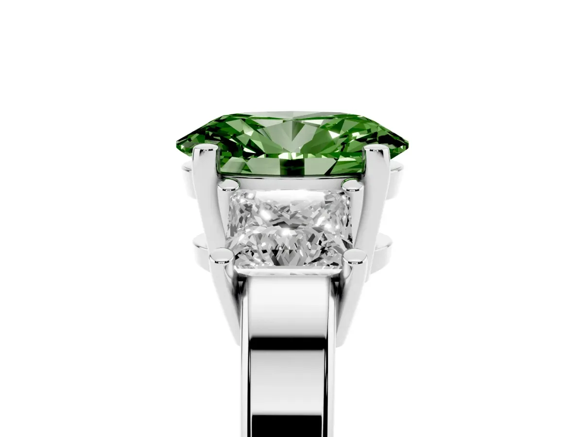 Fancy Green Three-Stone Oval Cut Cut Solitaire Ring with Prong Setting Platinum