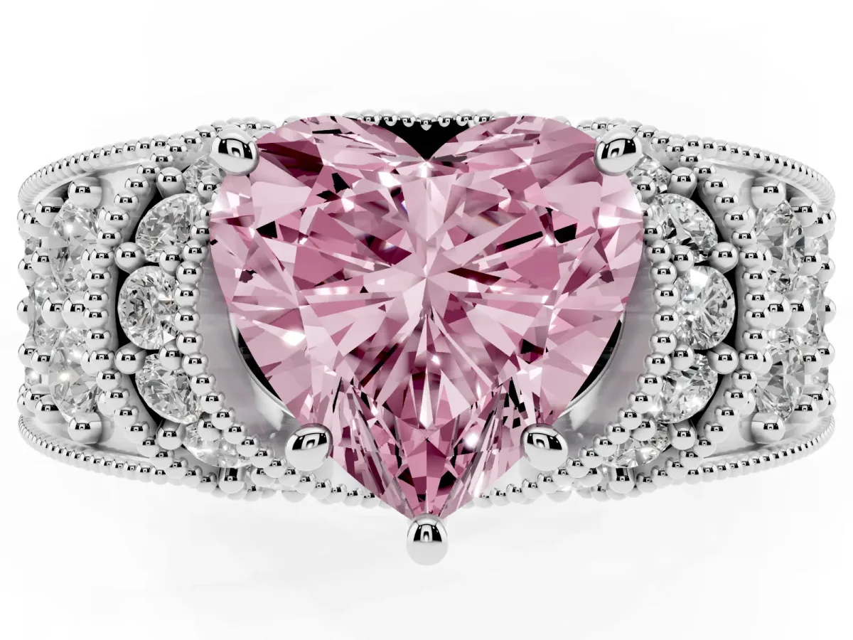 Fancy Pink Heart Cut Halo Pave Diamond Engagement Ring with Milgrain Detailing Silver