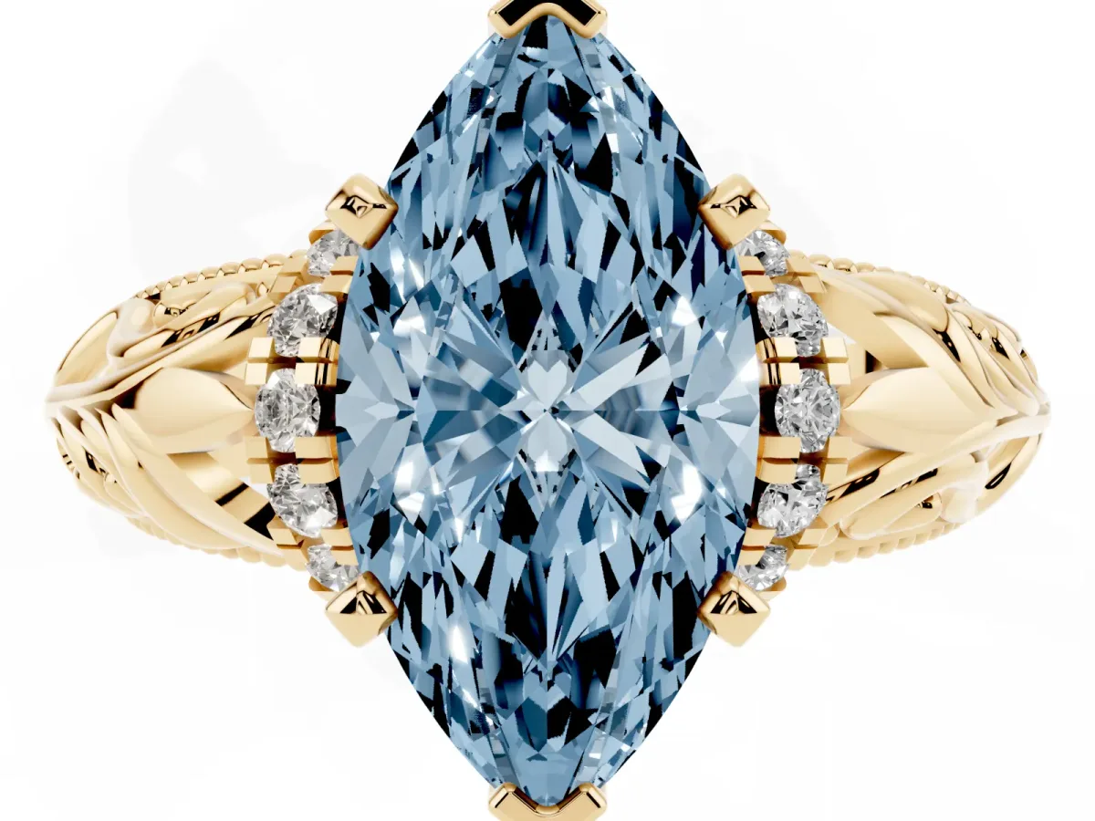 Fancy Blue Marquise Cut Solitaire Filigree Engagement Ring with Halo and Prong Setting Yellow gold