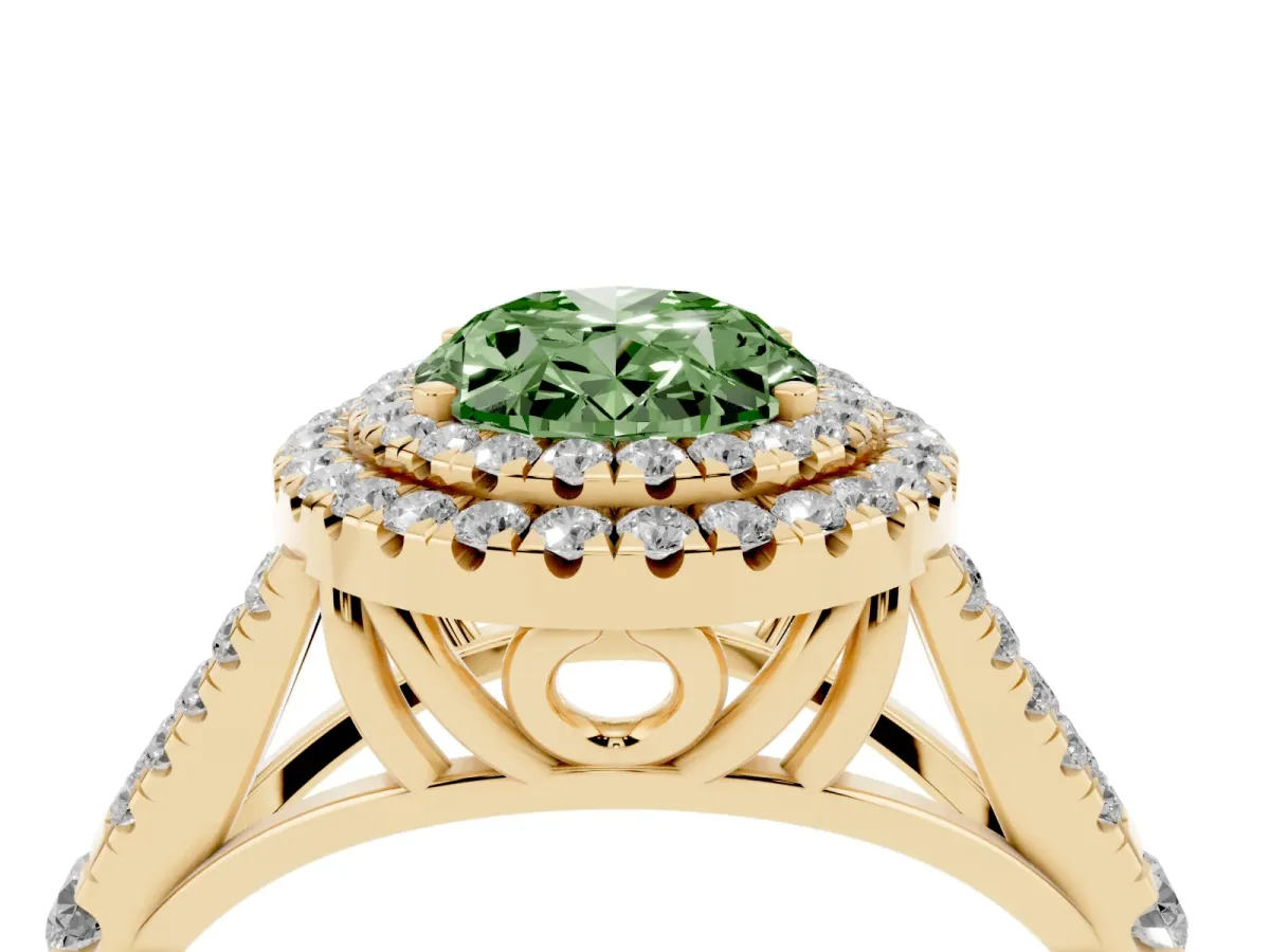 Fancy Green Double Halo Oval Cut Diamond Split Shank Engagement Ring with Four-Prong Setting Yellow gold