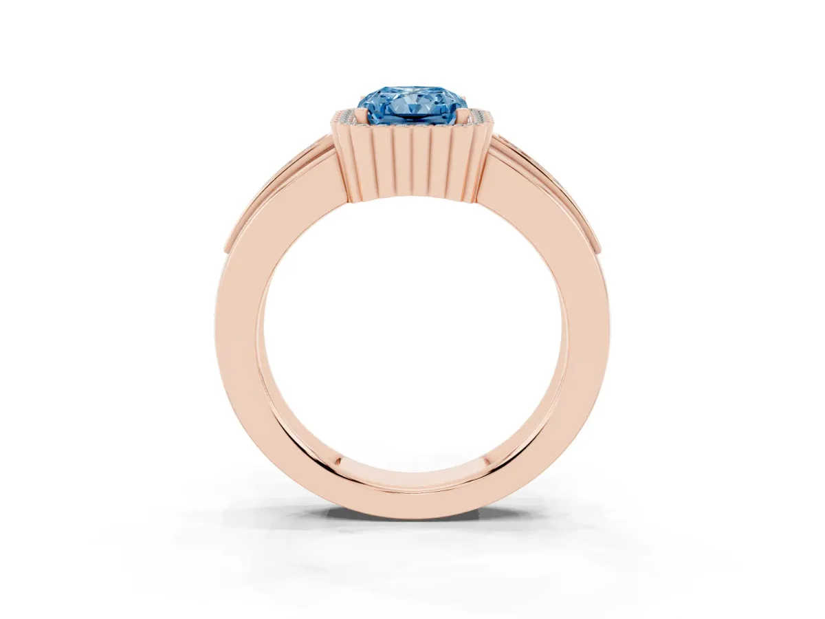 Fancy Blue Radiant Cut Cut Halo Pave Band Four-Prong Ring Rose gold
