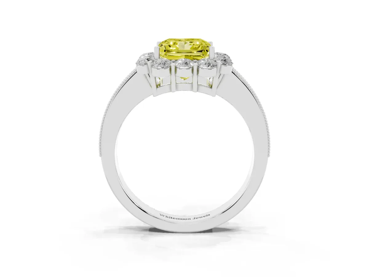 Fancy Yellow Princess Cut Cut Halo Diamond Pavé Engagement Ring with Milgrain Detailing White gold