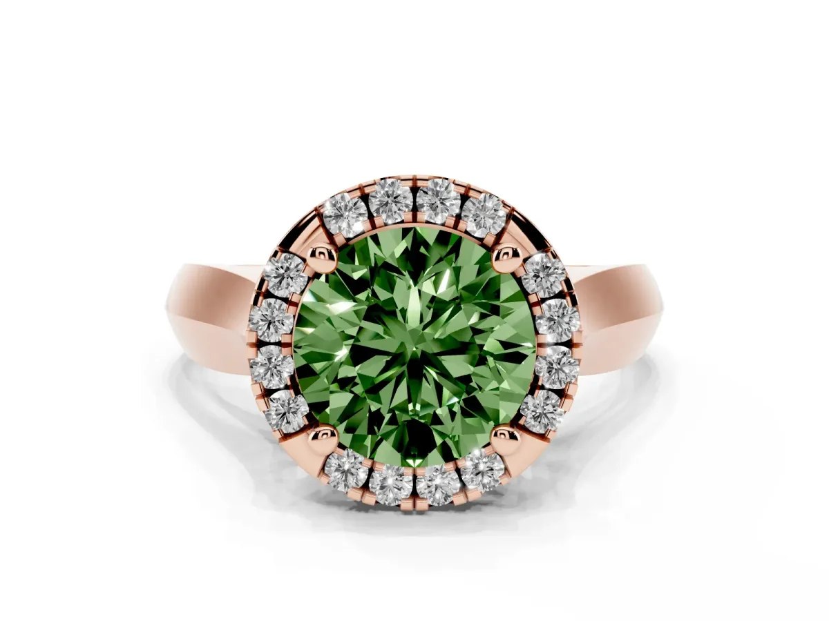 Fancy Green Round Cut Cut Halo Solitaire Engagement Ring with Square Band and Four-Prong Setting Rose gold