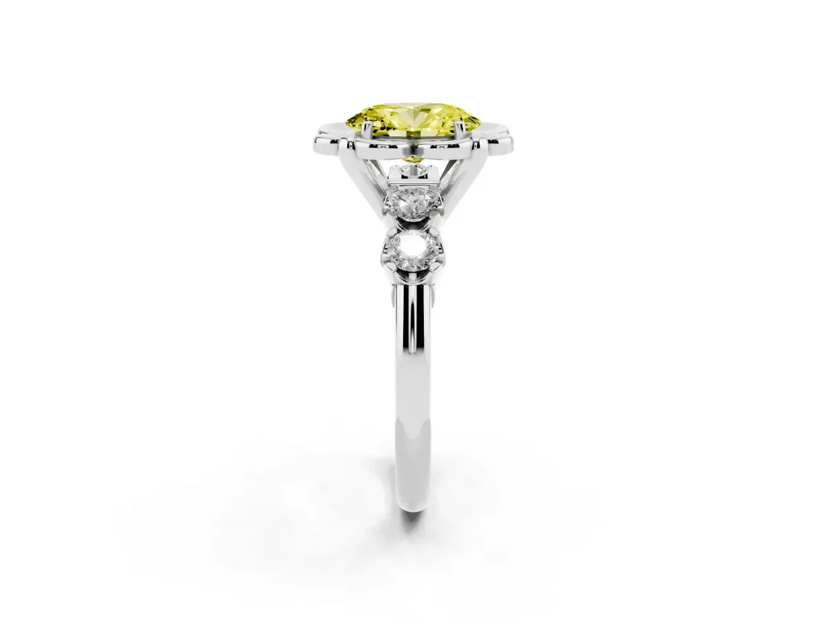 Fancy Yellow Oval Cut Cut Diamond Floral Halo Engagement Ring with Shared Prong Setting Silver