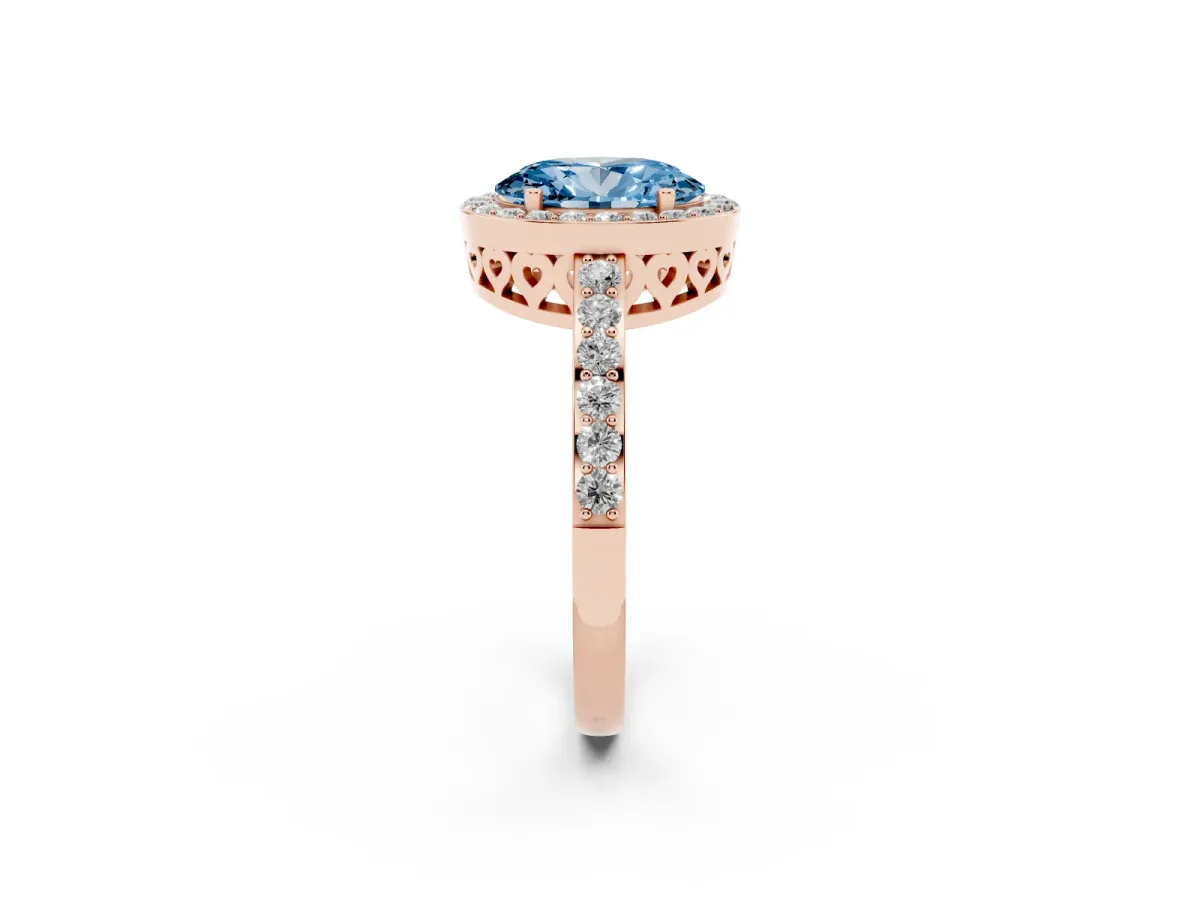 Fancy Blue Oval Cut Halo Diamond Pavé Band Ring with Prong Setting Rose gold