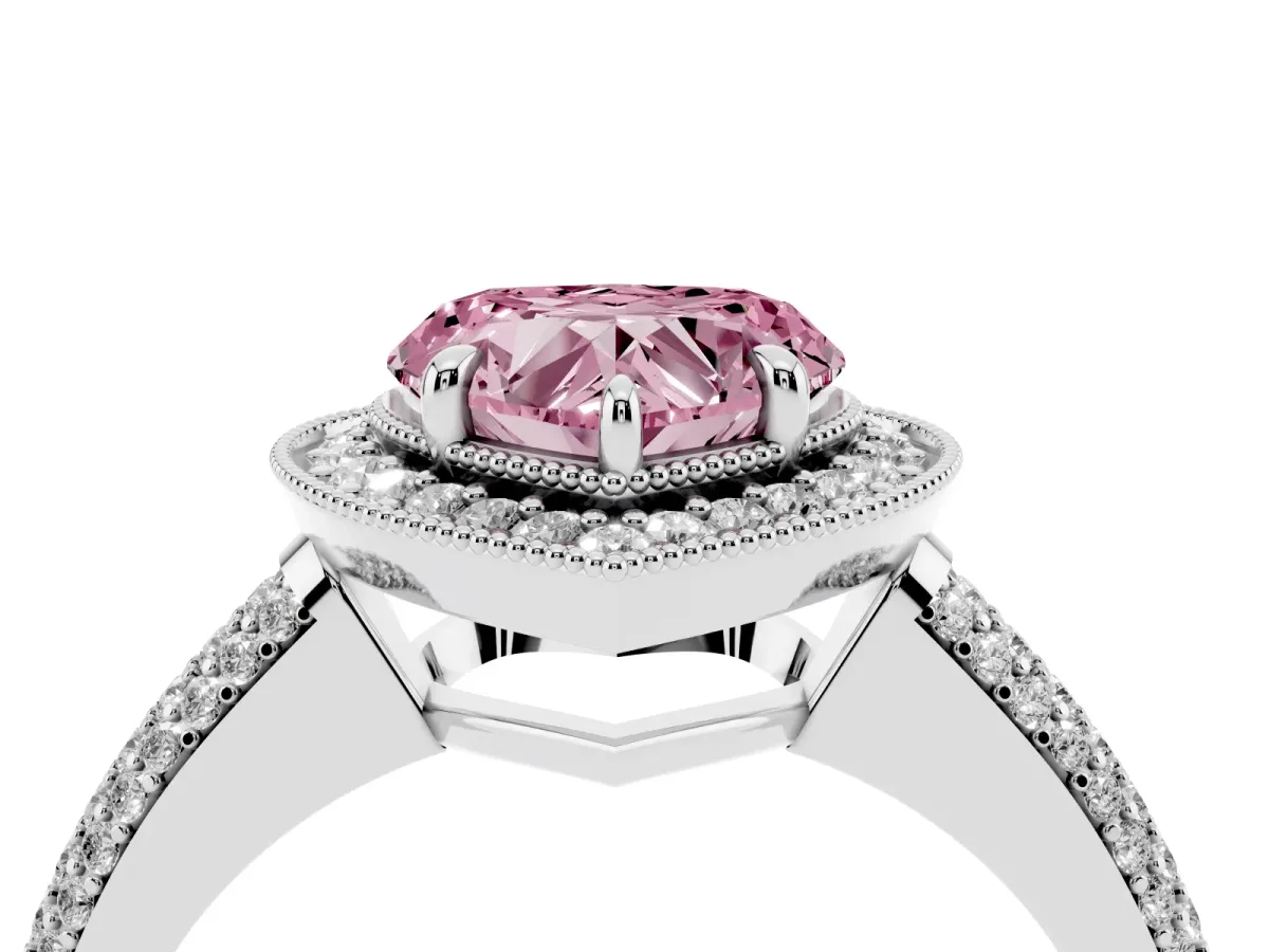 Fancy Pink Heart Cut Cut Halo Diamond Pave Band with Four-Prong Setting Silver