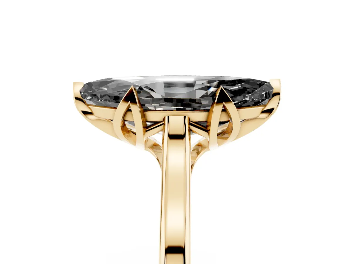 Fancy Black Marquise Cut Diamond Solitaire Ring with Flower Prong Setting and Classic Band Yellow gold