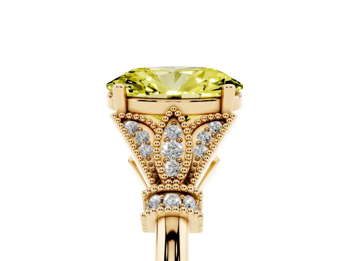Fancy Yellow Oval Cut Diamond Solitaire Ring with Floral Filigree and Pave Accents Yellow gold