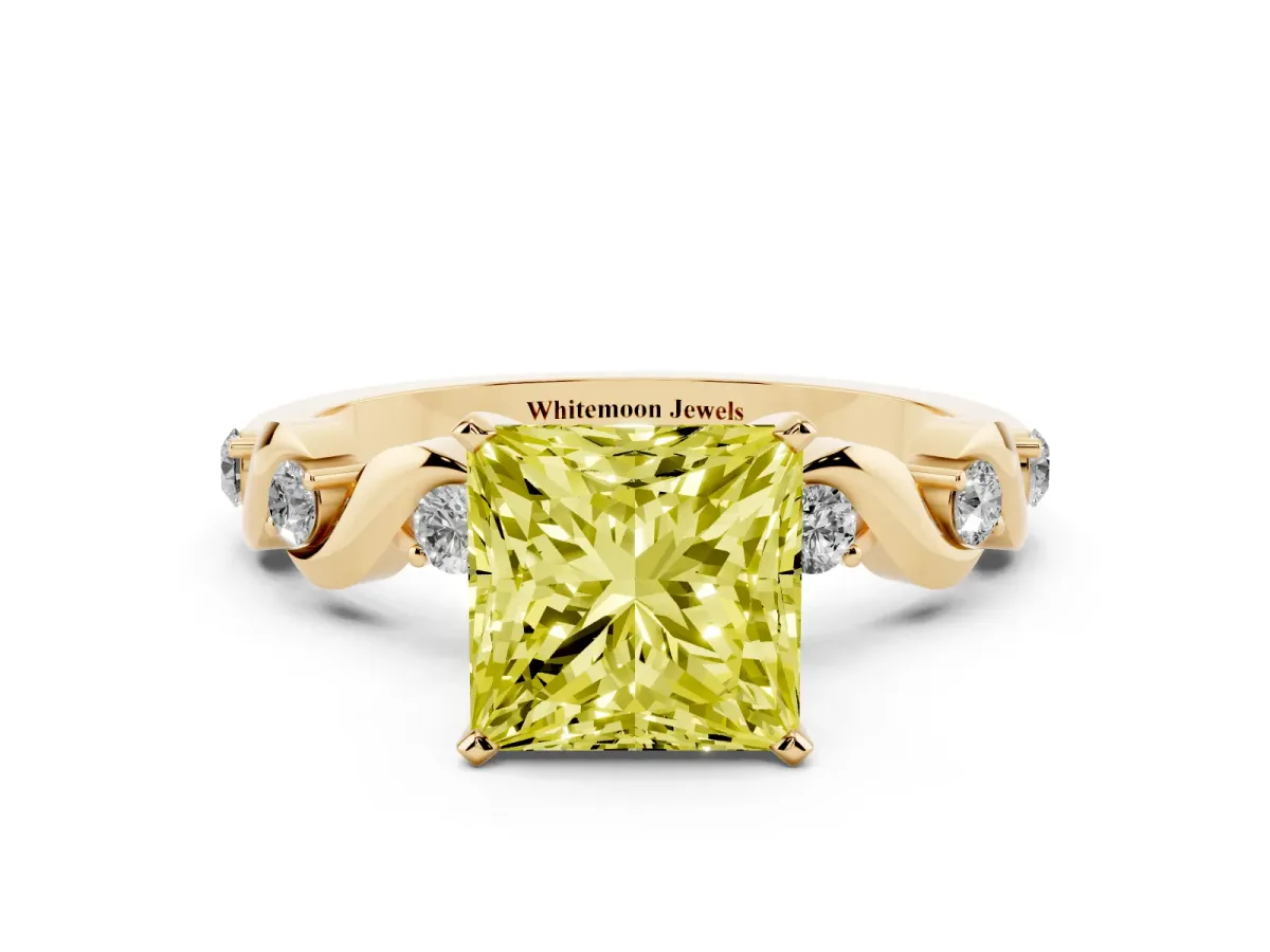 Fancy Yellow Princess Cut Diamond Solitaire Twisted Band with Round Accents and Prong Setting Yellow gold