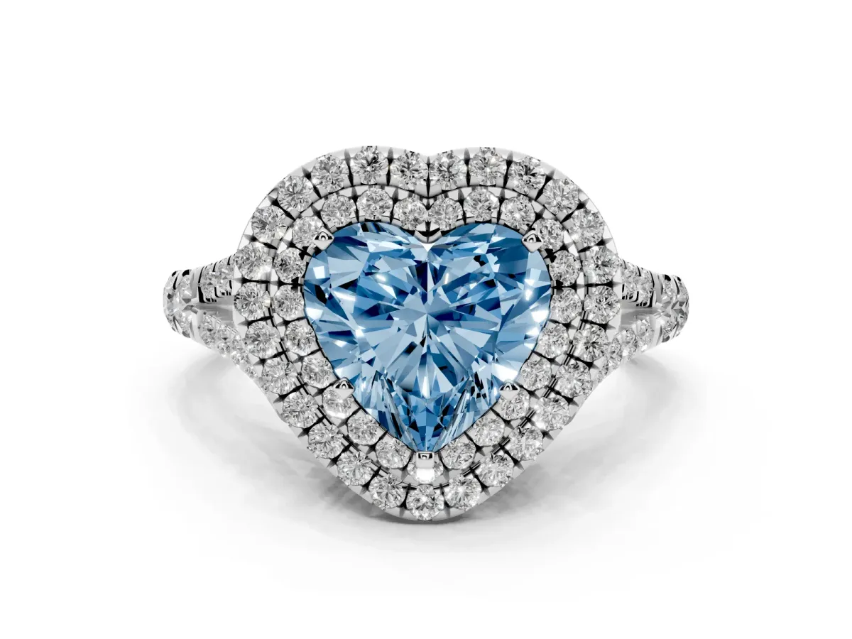 Fancy Blue Heart Cut Cut Double Halo Split Shank Diamond Ring with Prong Setting White gold