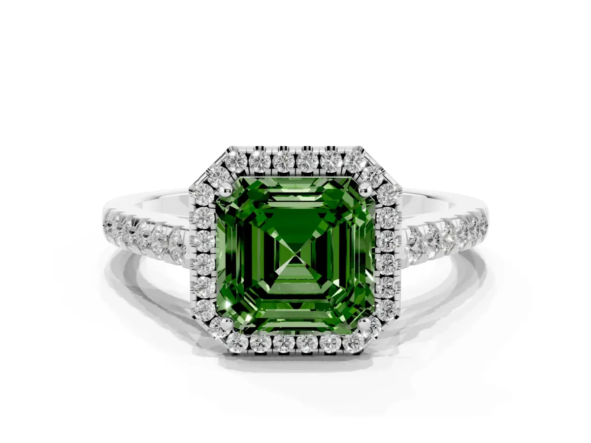 Fancy Green Asscher Cut Halo Pave Diamond Engagement Ring with Four-Prong Setting Platinum