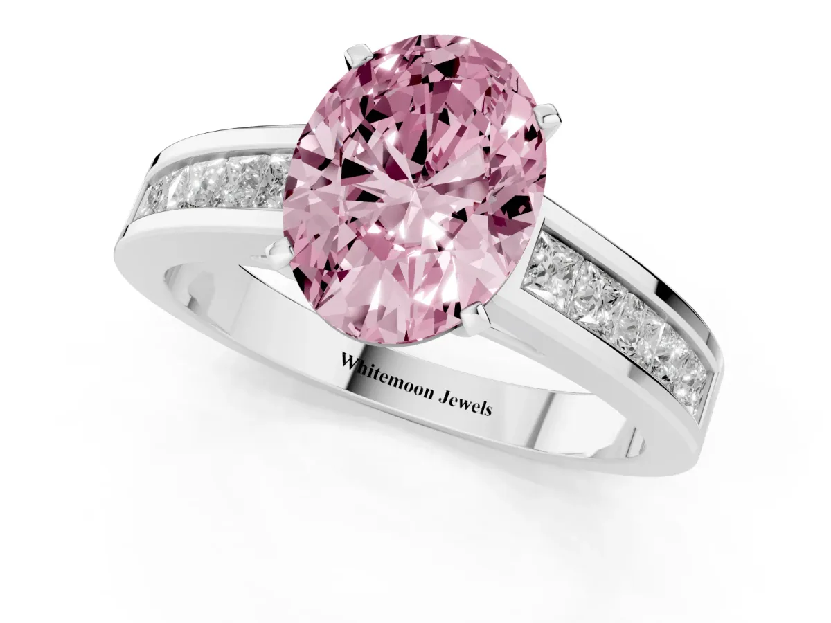 Fancy Pink Oval Cut Solitaire Diamond Ring with Channel-Set Band and Four-Prong Setting Silver