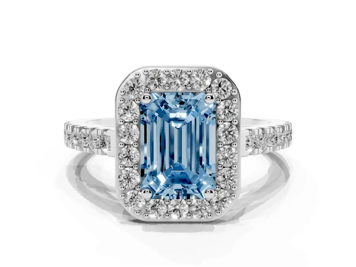 Fancy Blue Emerald Cut Diamond Halo Ring with Round Pavé Split Shank and Prong Setting Platinum