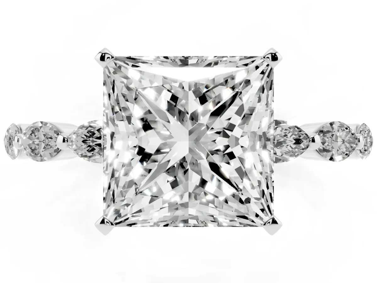 Princess Cut Diamond Ring with Marquise Side Stones and Prong Setting White gold