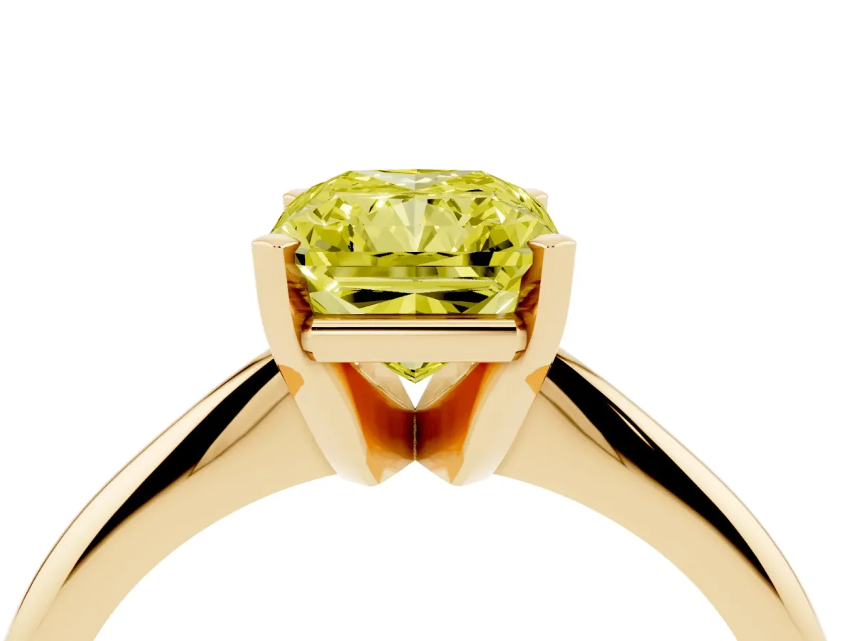 Fancy Yellow Radiant Cut Cut Solitaire Ring with Four-Prong Setting on a Classic Band Yellow gold