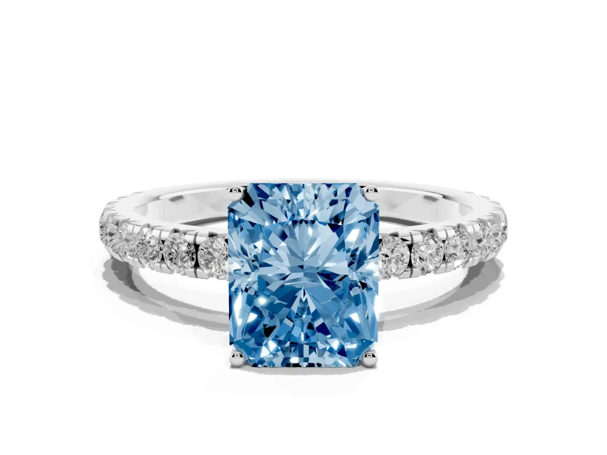 Fancy Blue Radiant Cut Diamond Pavé Solitaire Engagement Ring with Four-Prong Setting Silver