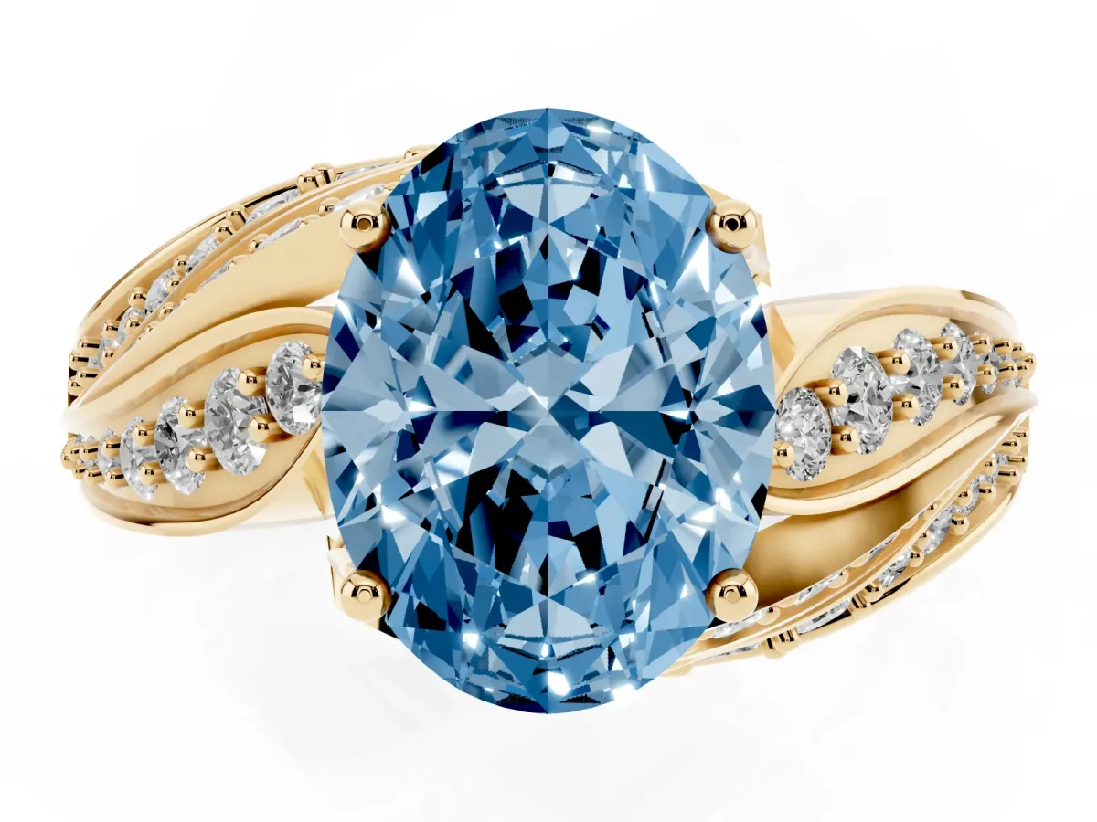 Fancy Blue Oval Cut Diamond Solitaire Ring with Prong Setting and Twisted Pavé Band Yellow gold