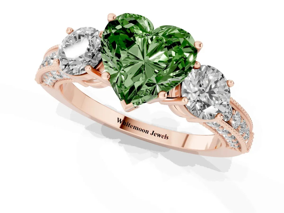 Fancy Green Heart Cut Three-Stone Diamond Ring with Pavé Band and Four-Prong Setting Rose gold