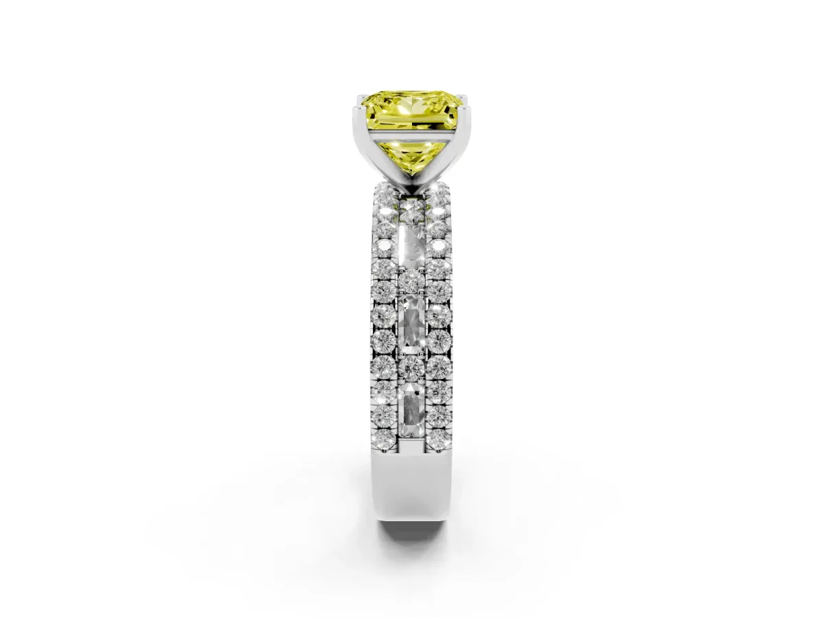 Fancy Yellow Princess Cut Diamond Solitaire Ring with Pavé and Channel Set Band Silver
