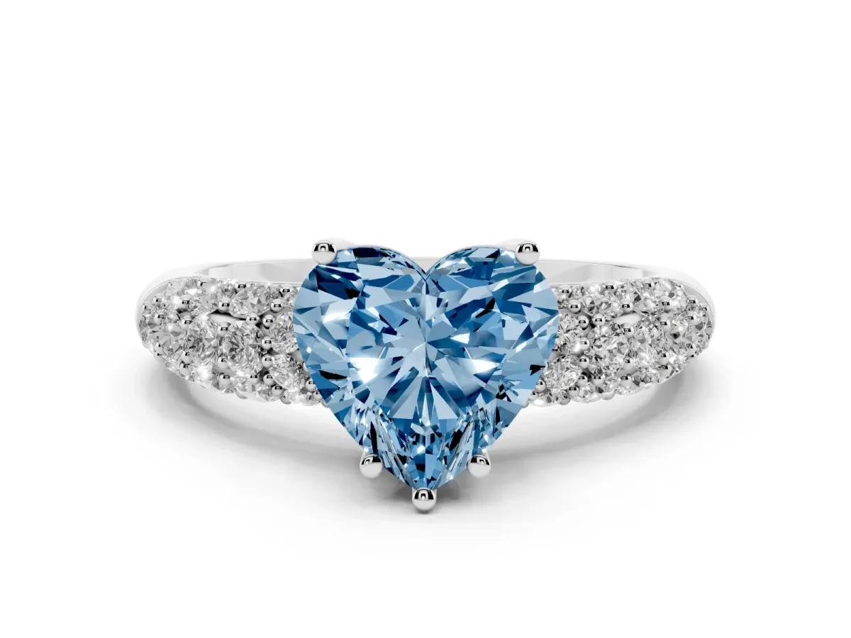 Fancy Blue Heart Cut Diamond Pavé Band Solitaire Ring with Four-Prong Setting Silver
