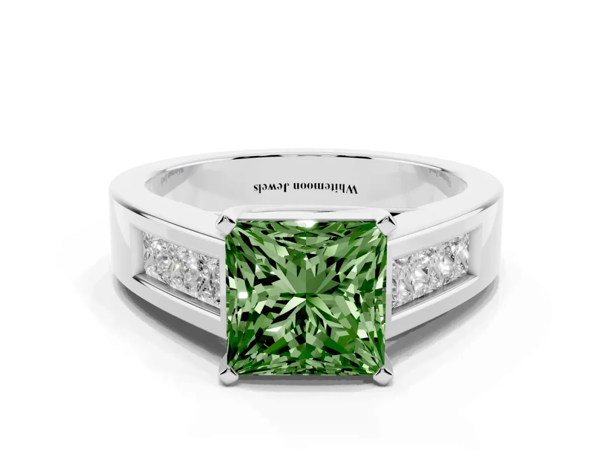 Fancy Green Princess Cut Cut Channel Set Solitaire Ring with Four-Prong Setting Platinum