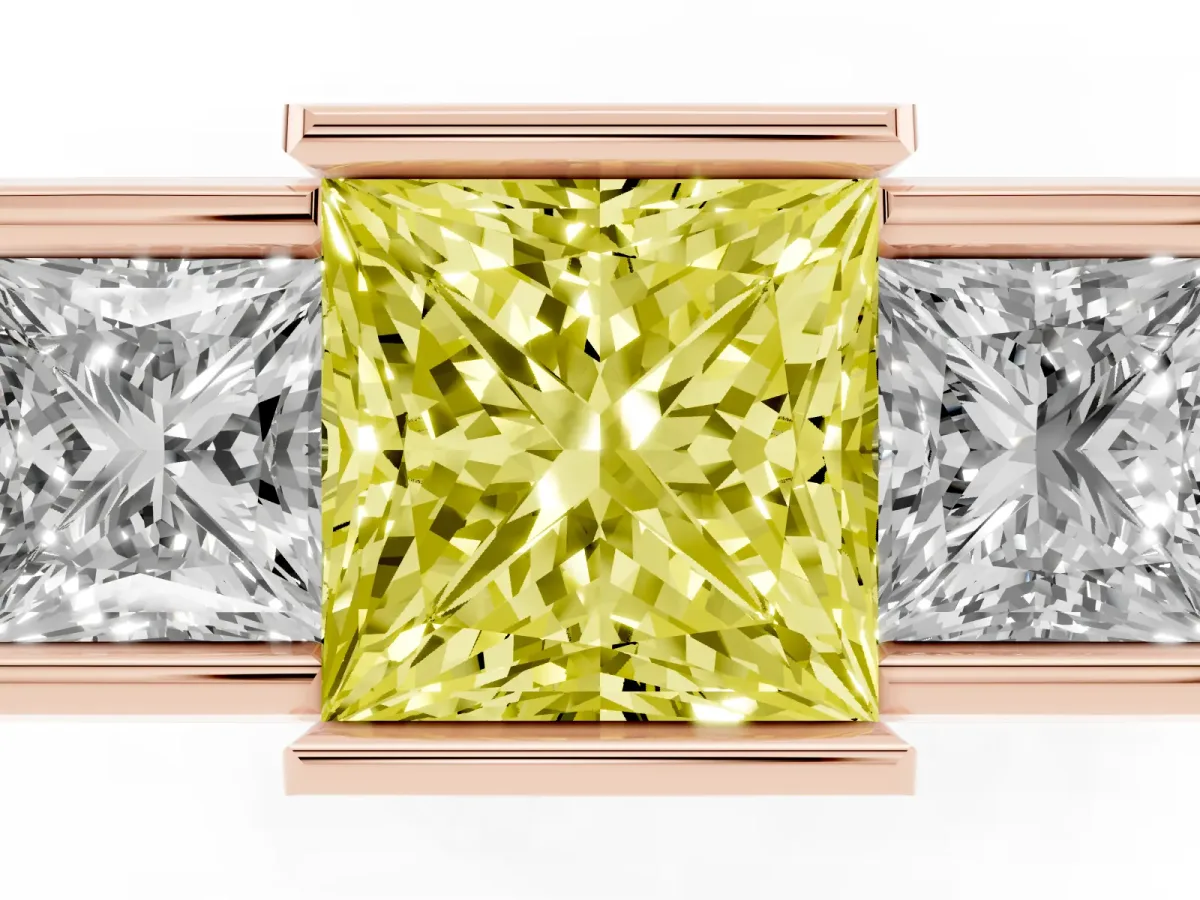 Fancy Yellow Three Stone Princess Cut Cut Channel Set Diamond Ring Rose gold
