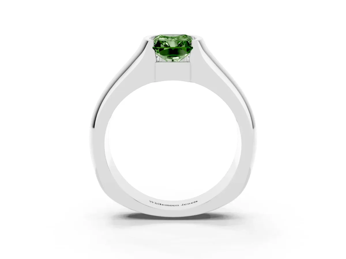 Fancy Green Radiant Cut Solitaire Bezel Set Diamond Ring with Wide Band Silver