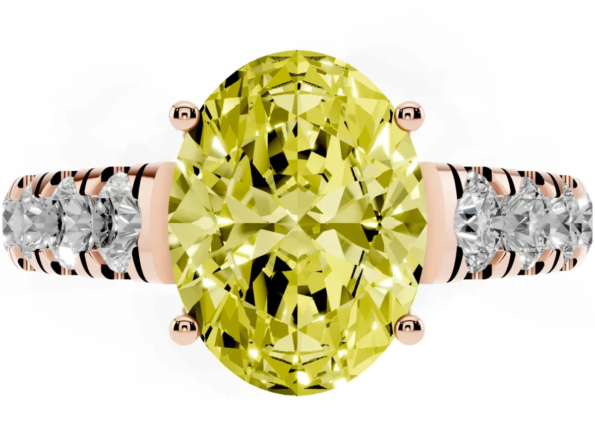 Fancy Yellow Oval Cut Cut Diamond Solitaire Ring with Micro Pave Band and Prong Setting Rose gold