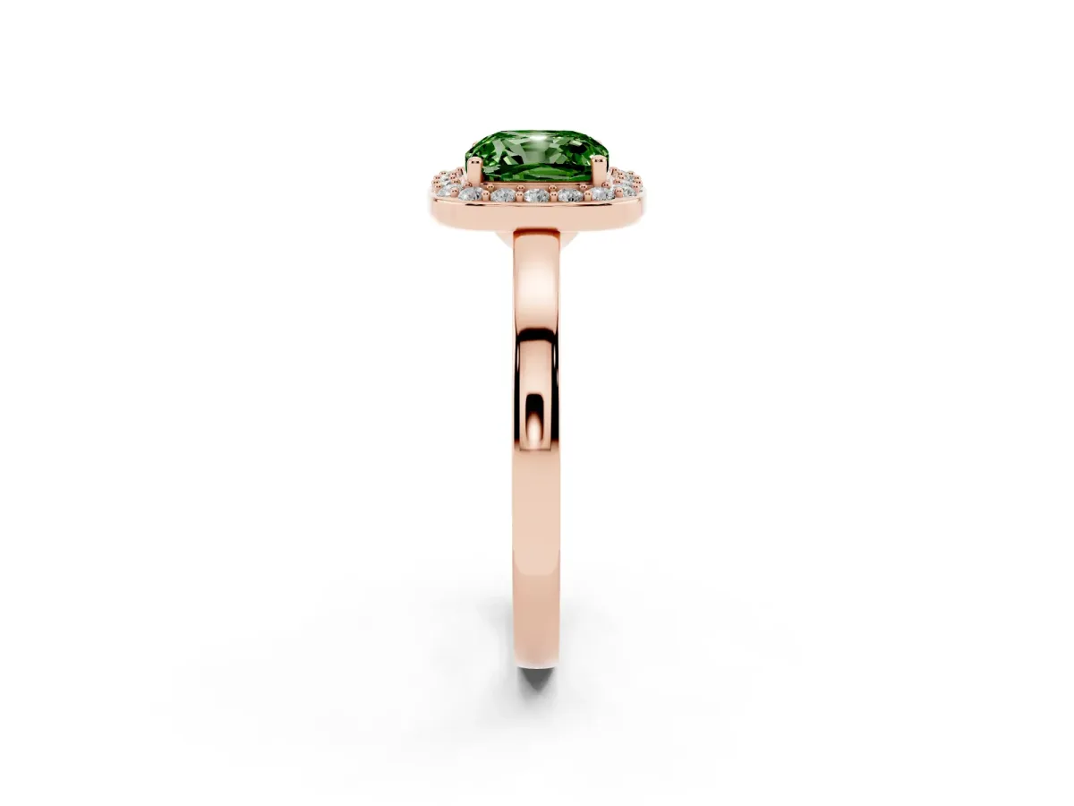 Fancy Green Cushion Cut Halo Diamond Ring with Solitaire Band and Prong Setting Rose gold