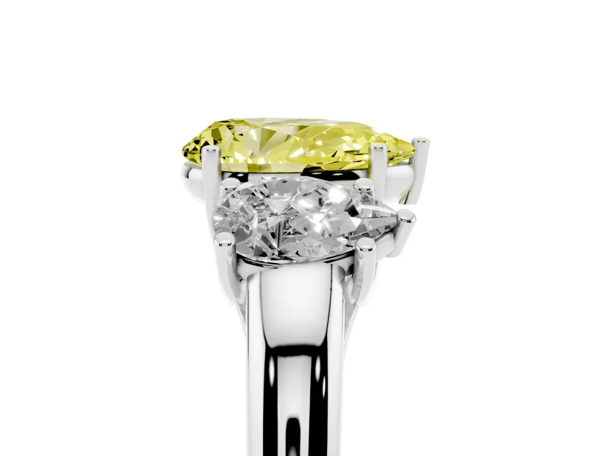 Fancy Yellow Three-Stone Pear Cut Diamond Engagement Ring with Prong Setting Platinum