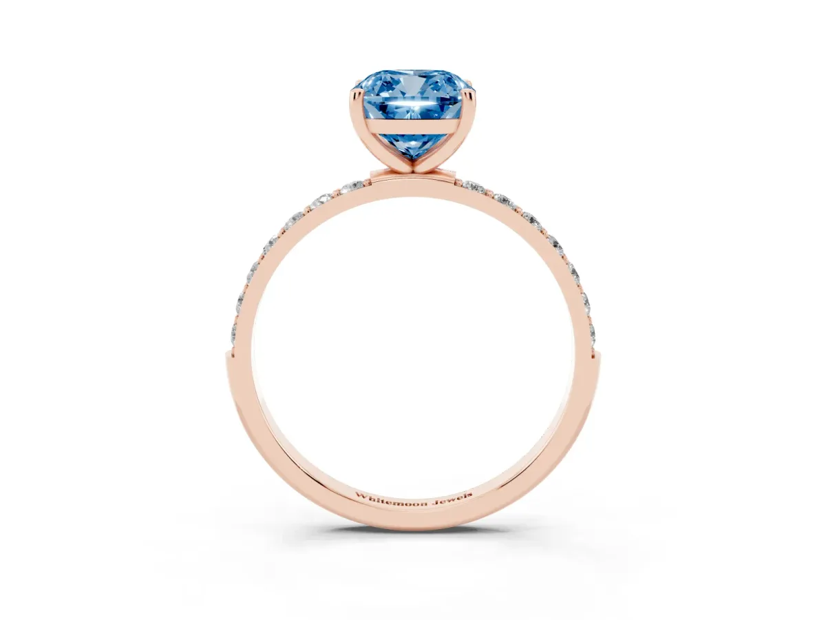 Fancy Blue Cushion Cut Diamond Solitaire Ring with Round Pavé Shoulders and Prong Setting Rose gold