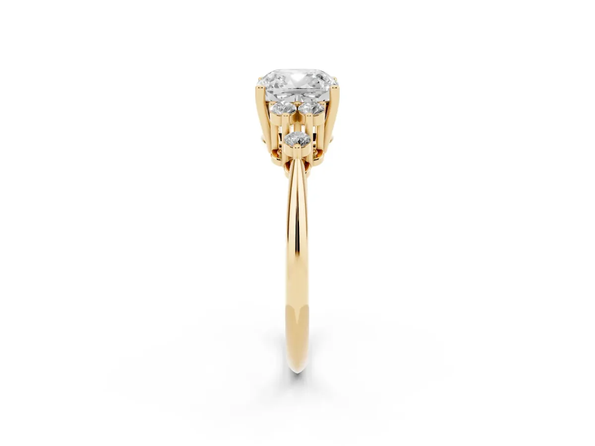 Cushion Cut Cut Diamond Cluster Ring with Solitaire Band and Four-Prong Setting Yellow gold