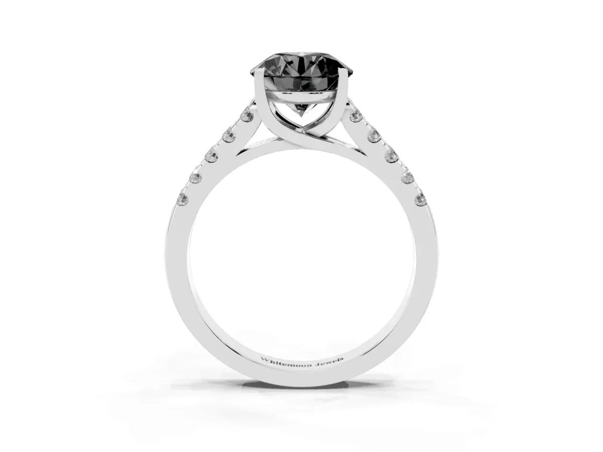 Fancy Black Round Cut Diamond Pavé Band Solitaire Ring with Prong Setting Silver