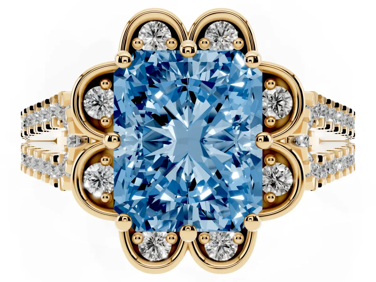 Fancy Blue Radiant Cut Halo Diamond Floral Split Shank Engagement Ring Yellow gold