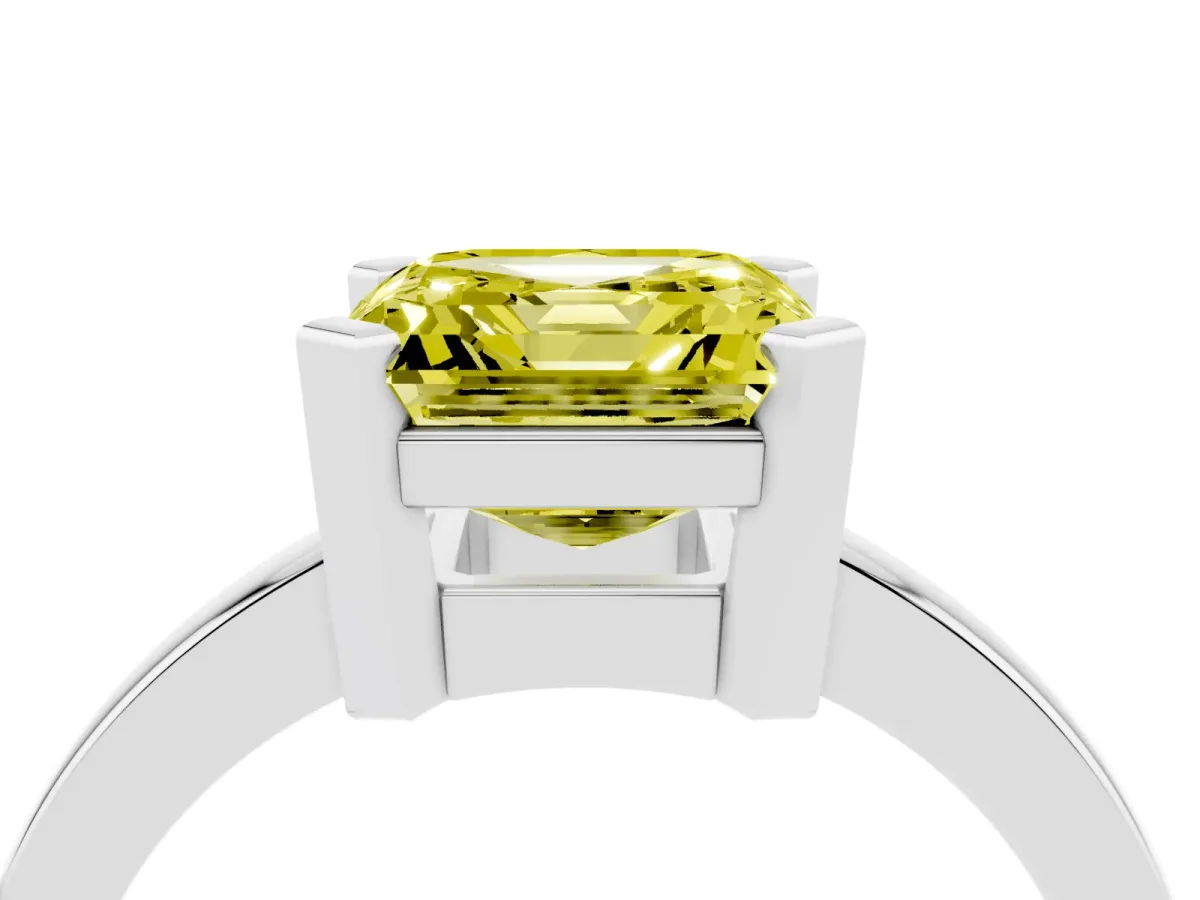 Fancy Yellow Asscher Cut Cut Solitaire Ring with Four-Prong Setting and Classic Band Silver