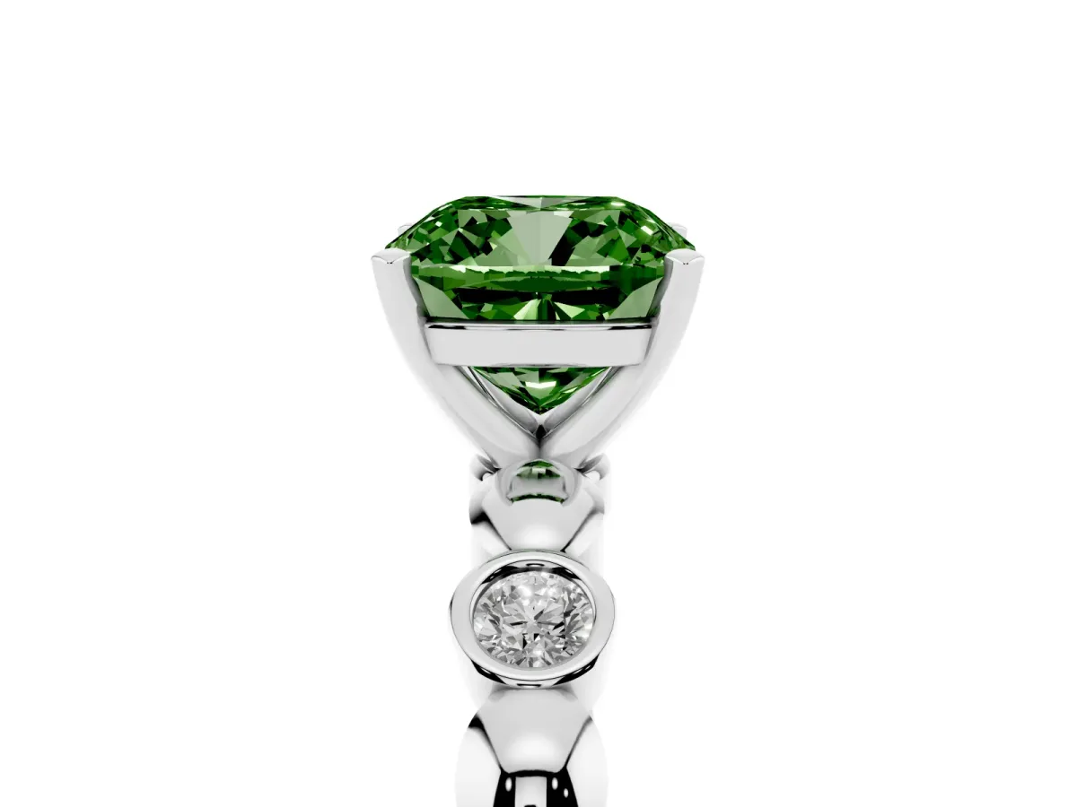 Fancy Green Cushion Cut Solitaire Bezel-Set Diamond Ring with Beaded Band and Four-Prong Setting Silver