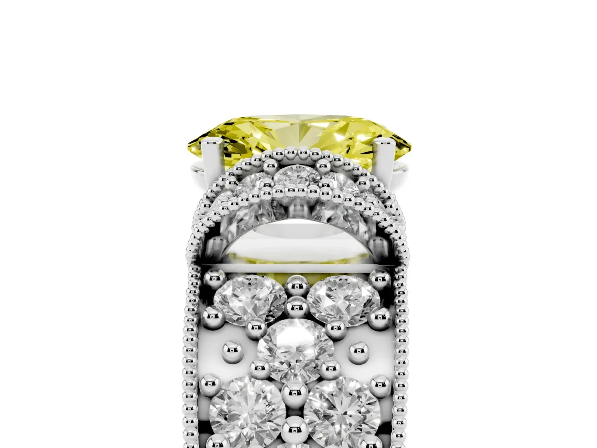 Fancy Yellow Oval Cut Halo Pave Diamond Engagement Ring with Milgrain Detailing Silver