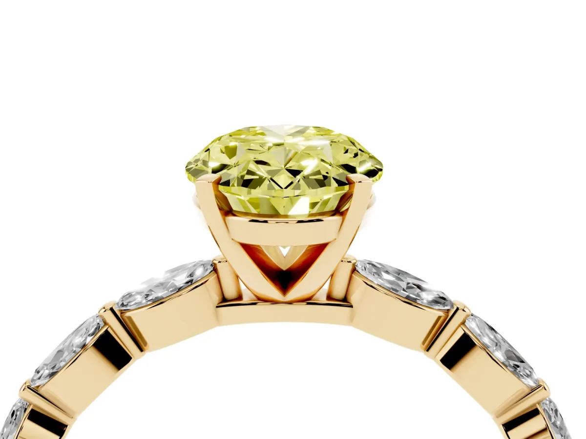 Fancy Yellow Oval Cut Diamond Ring with Marquise Side Stones and Prong Setting Yellow gold