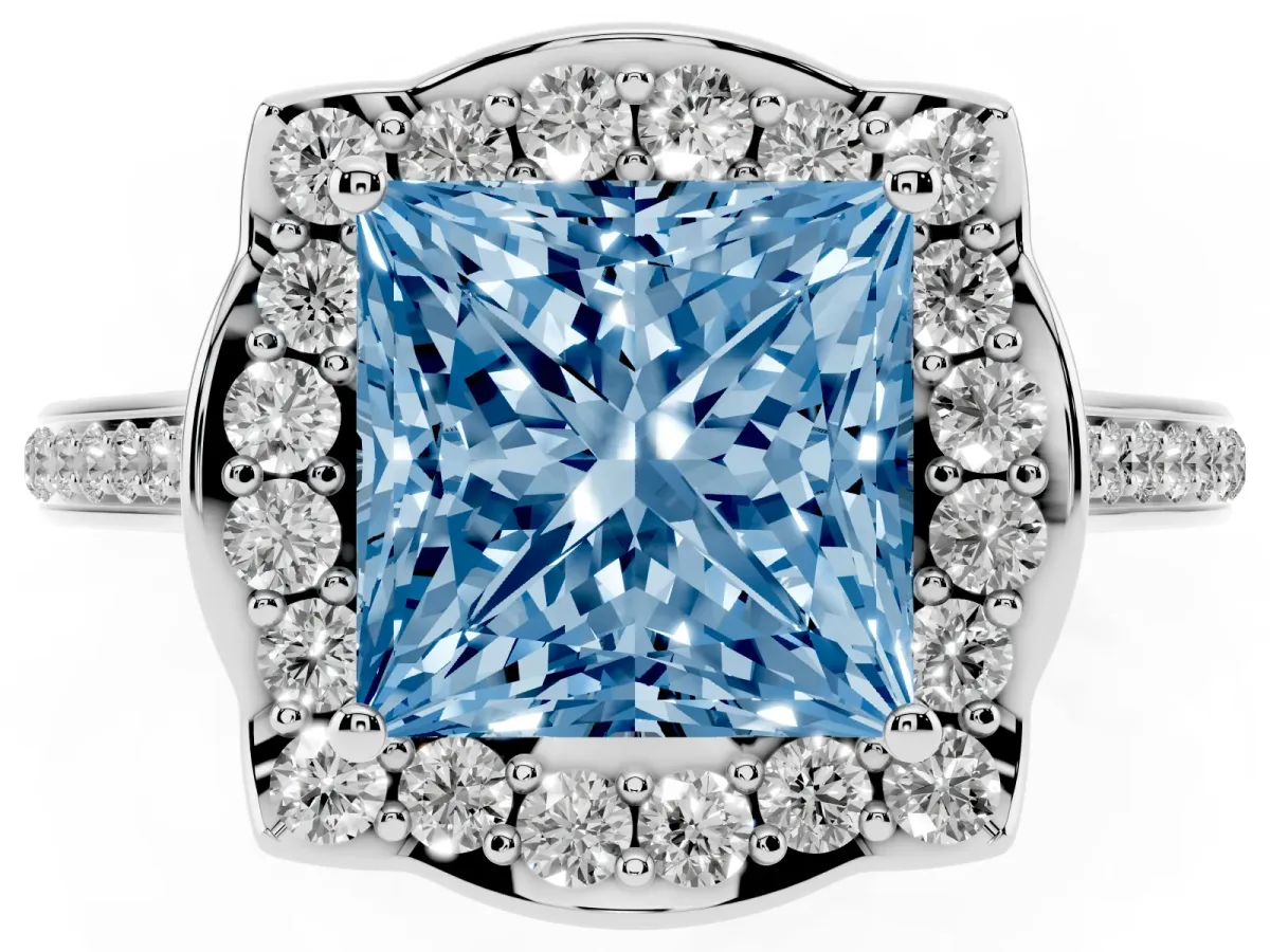 Fancy Blue Princess Cut Halo Round Diamond Pave Band with Four-Prong Setting Silver