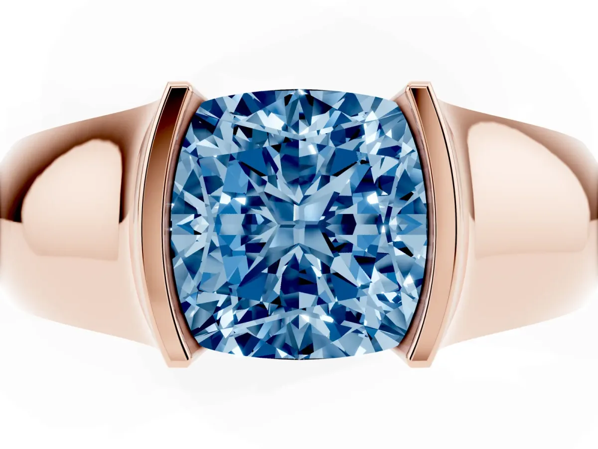 Fancy Blue Cushion Cut Solitaire Bezel Set Diamond Ring with Wide Band Rose gold