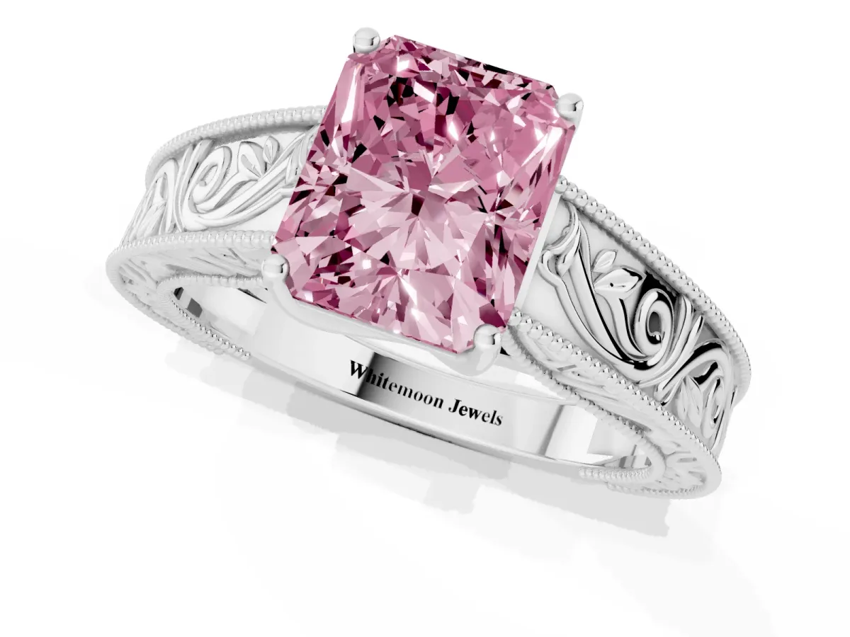 Fancy Pink Radiant Cut Diamond Solitaire Ring with Engraved Band and Four-Prong Setting White gold