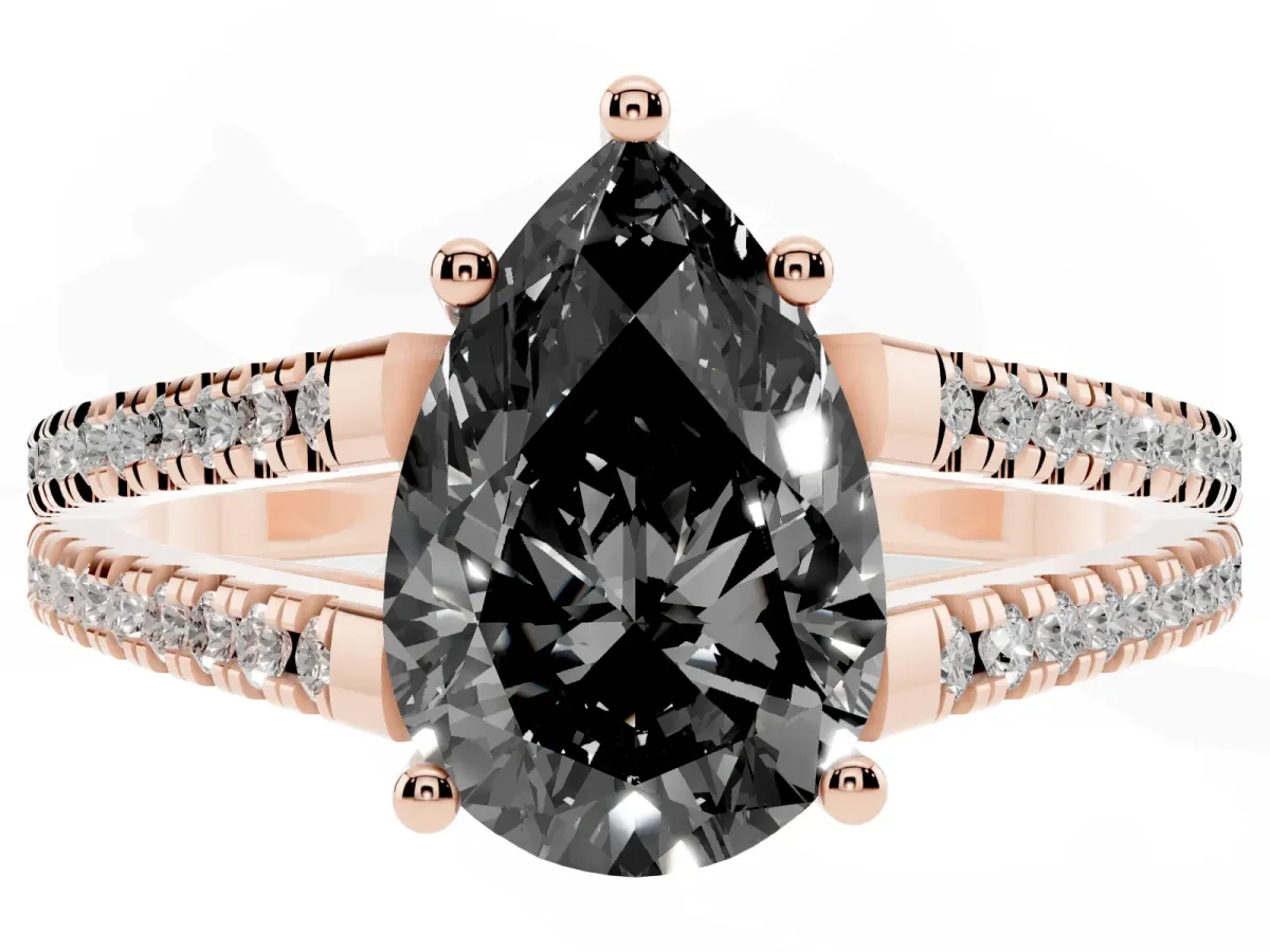 Fancy Black Pear Cut Diamond Solitaire Engagement Ring with Split Shank Pavé Band Rose gold