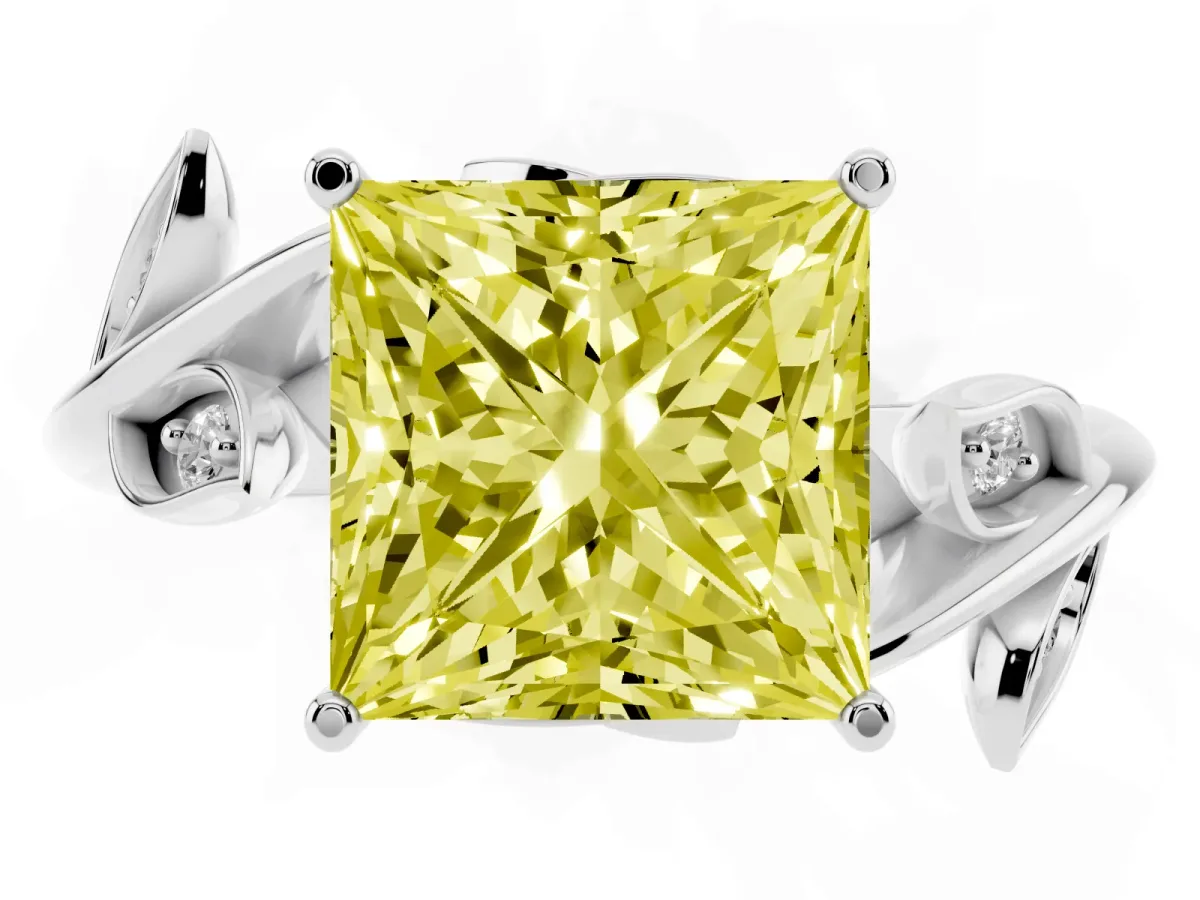 Fancy Yellow Princess Cut Solitaire Twist Engagement Ring with Leaf Accents and Prong Setting Silver