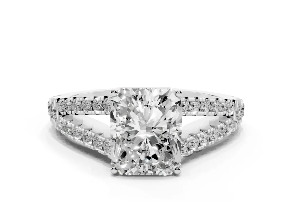 Radiant Cut Diamond Split Shank Pavé Engagement Ring with Four-Prong Setting White gold