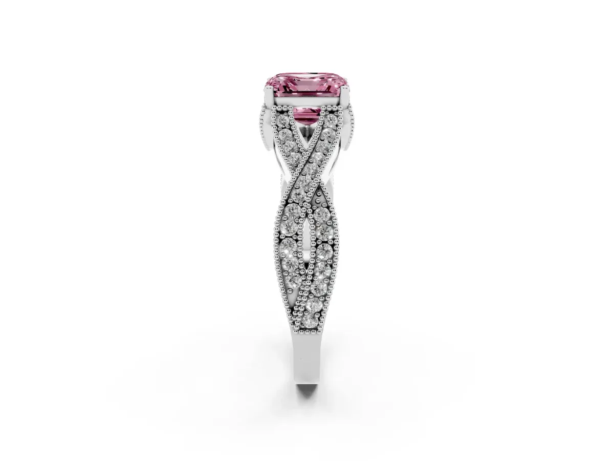 Fancy Pink Asscher Cut Cut Diamond Twisted Band with Milgrain Pave Setting and Four-Prong Setting Silver