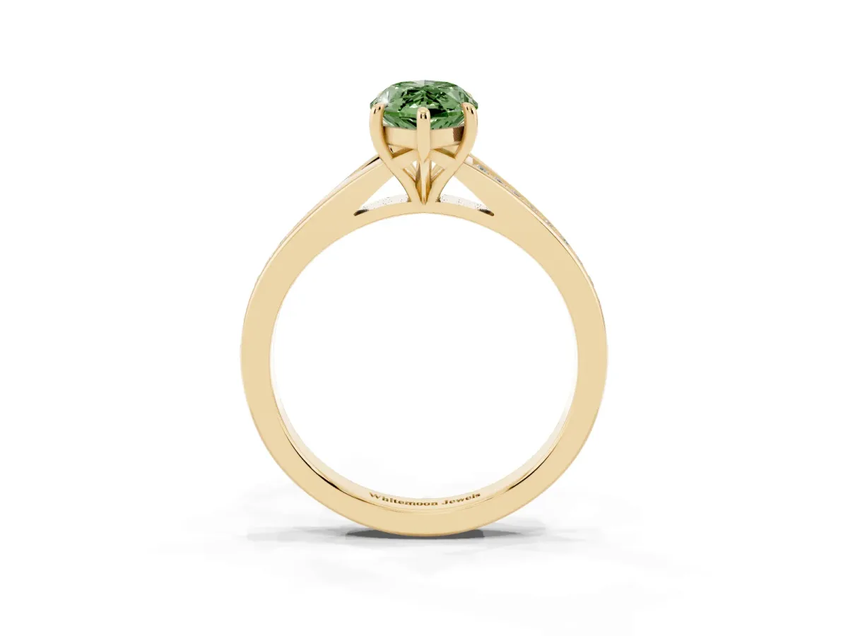 Fancy Green Marquise Cut Diamond Solitaire Ring with Pavé Band and Prong Setting Yellow gold