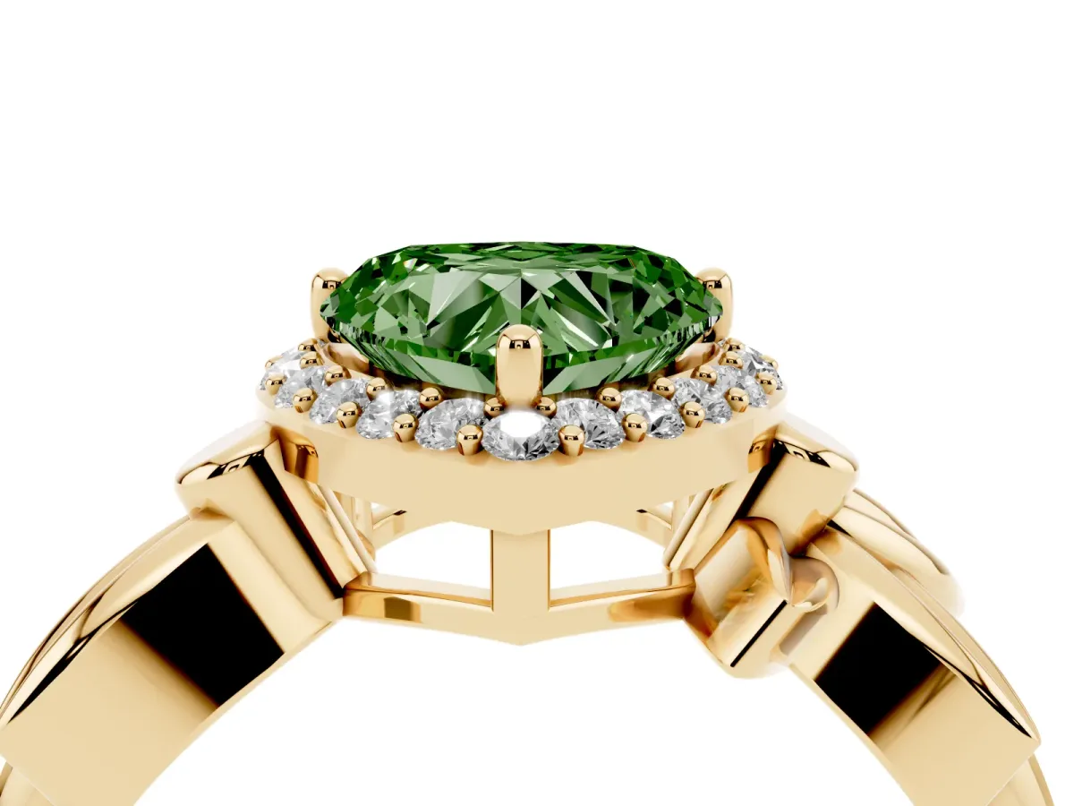 Fancy Green Heart Cut Halo Diamond Floral Band with Four-Prong Setting Yellow gold