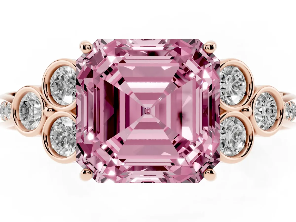 Fancy Pink Asscher Cut Cut Diamond Engagement Ring with Bezel Set Round Side Stones and Prong Setting Rose gold