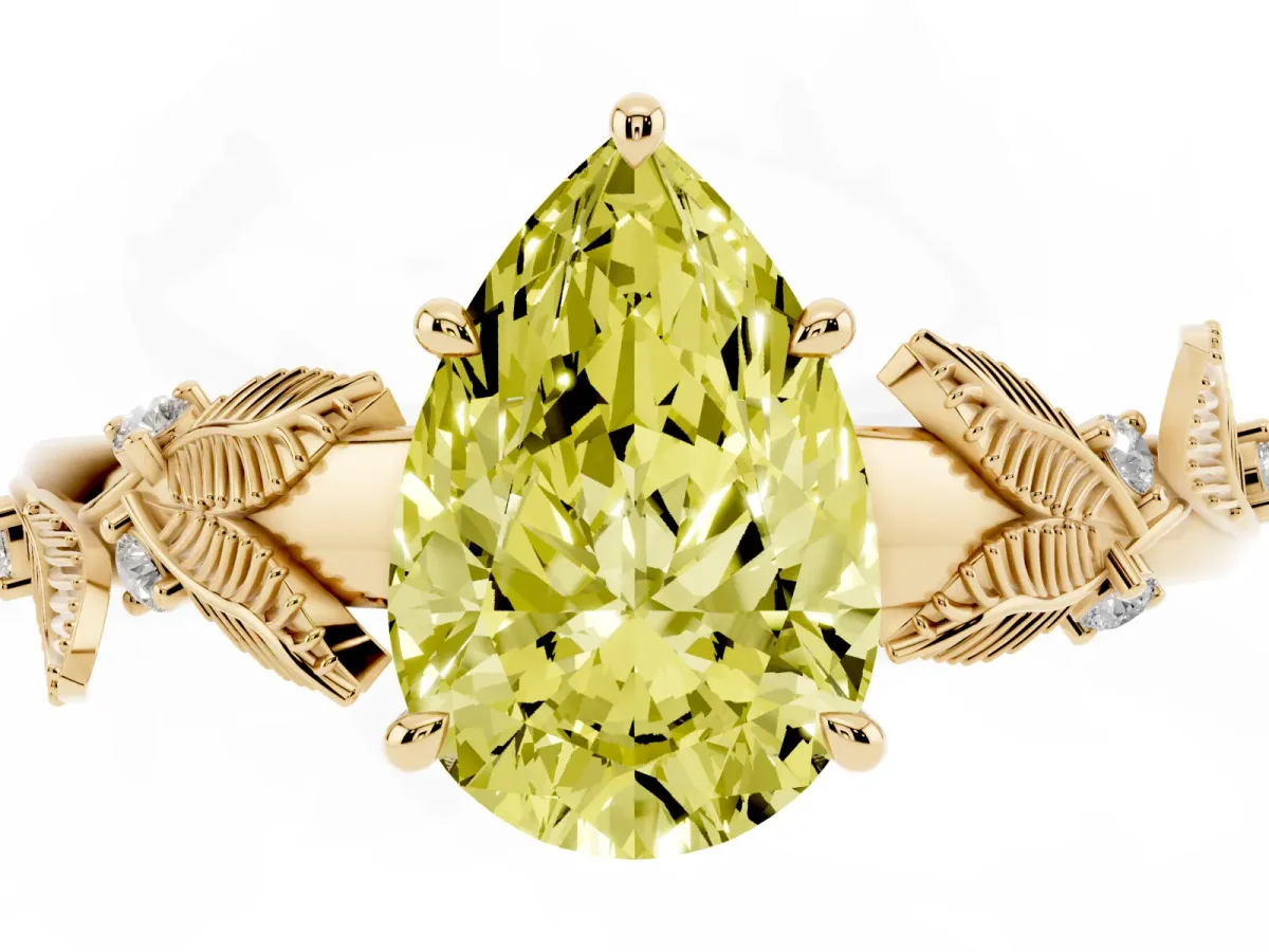 Fancy Yellow Pear Cut Diamond Solitaire Ring with Leaf Motif Band and Four-Prong Setting Yellow gold