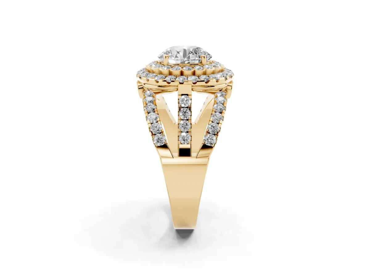 Round Cut Diamond Double Halo Ring with Round Pavé Split Shank and Prong Setting Yellow gold